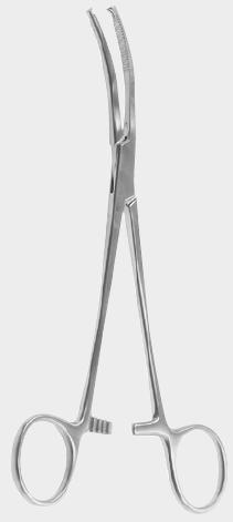 Затискач МІКУЛІЧА (MIKULICZ) очеревинний, 1х2 зубці, вигнуті в ліво, 18 см (сm)